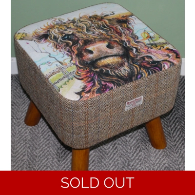 LARGE Square Curly Highland Cow & Herringbone Check Harris Tweed covered Footstool